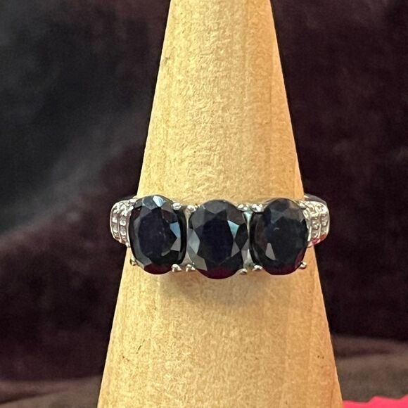 3 Stone Midnight Sapphire Ring & Earrings Set in Durable Stainless Steel. - Picture 10 of 17